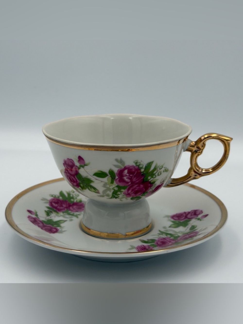 Westland Footed Tea Cup and Saucer Musical Cup Pink Roses Gold Trim Works